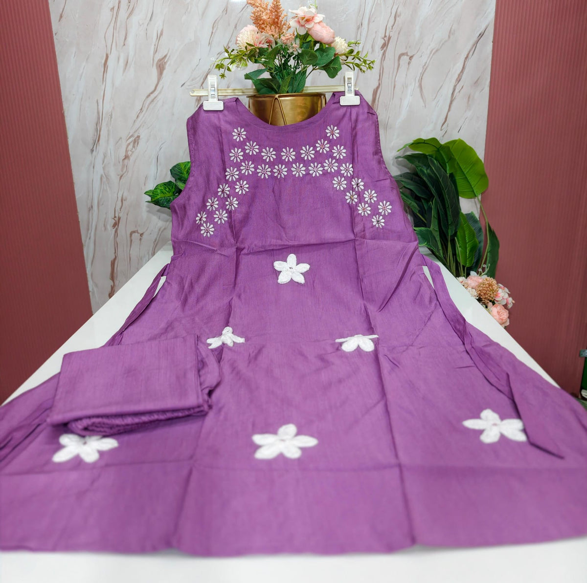 Vertican Fabric A-Line Kurti with Semi Palazzo Set - Lavender