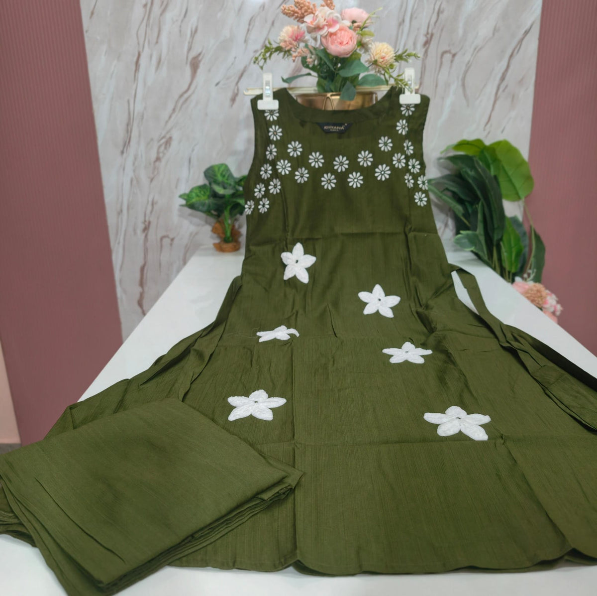 Vertican Fabric A-Line Kurti with Semi Palazzo Set - Green