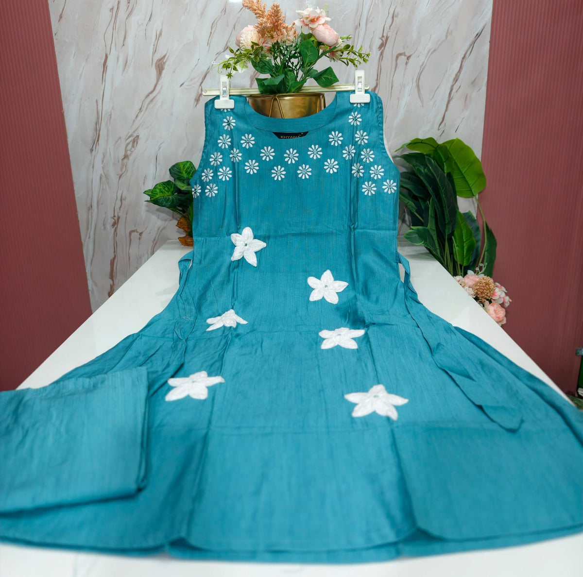 Vertican Fabric A-Line Kurti with Semi Palazzo Set - Light Blue