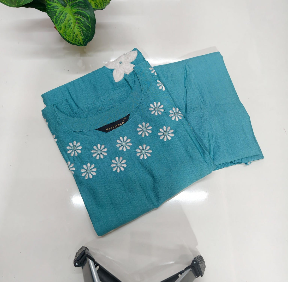 Vertican Fabric A-Line Kurti with Semi Palazzo Set - Light Blue