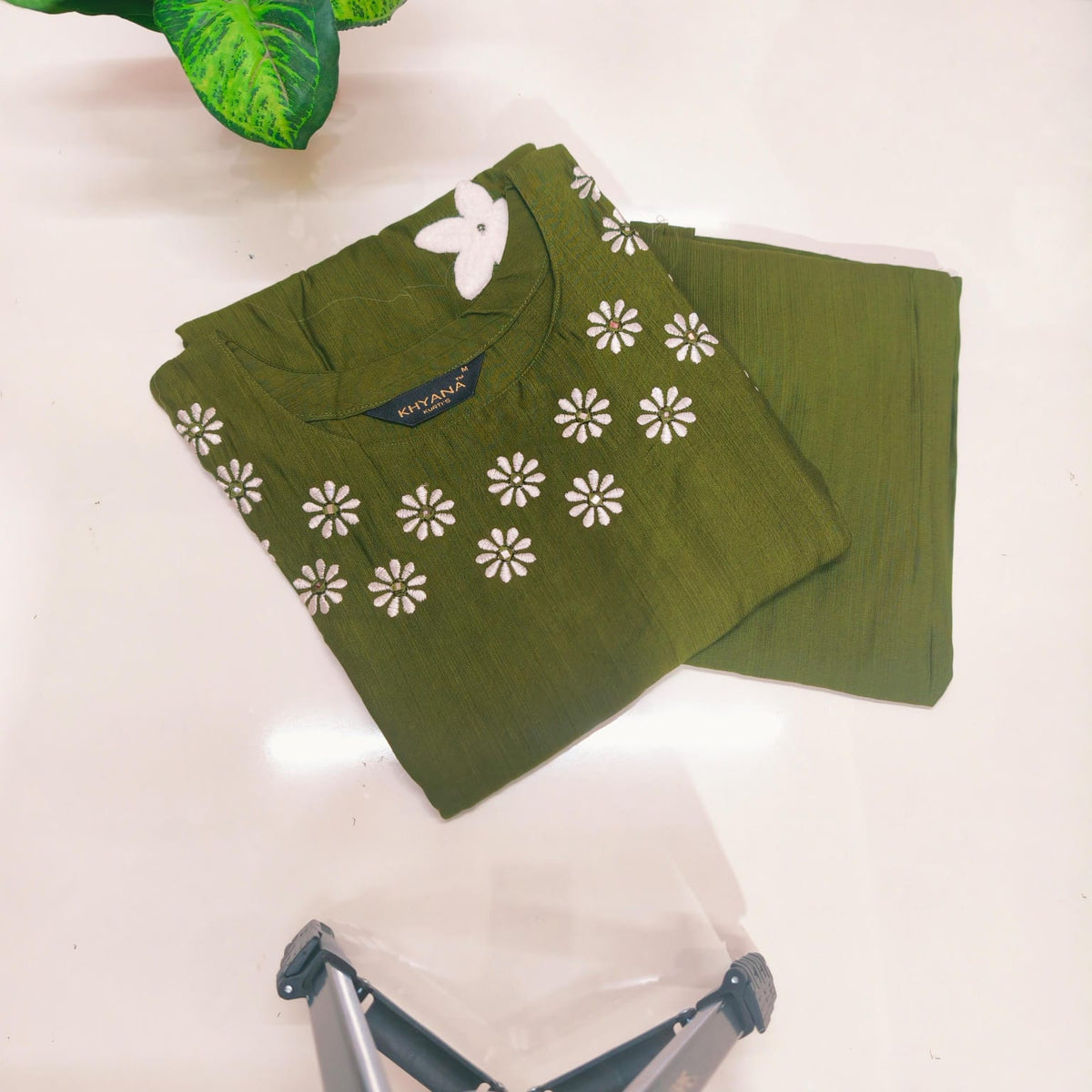 Vertican Fabric A-Line Kurti with Semi Palazzo Set - Green