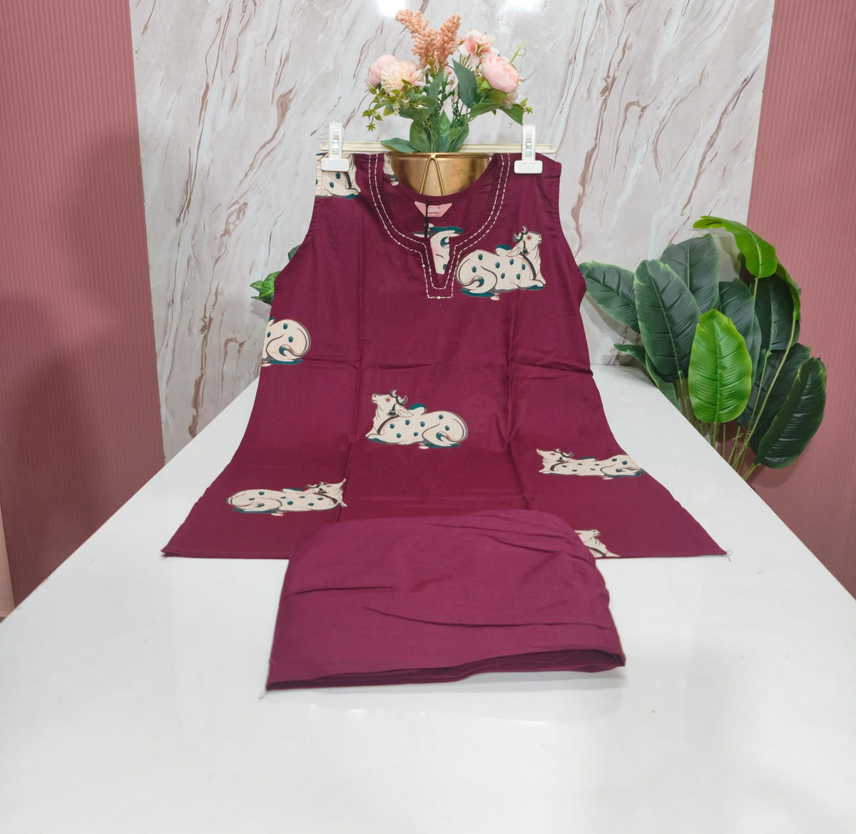 Cotton Straight Cut Kurti with Pleated Palazzo