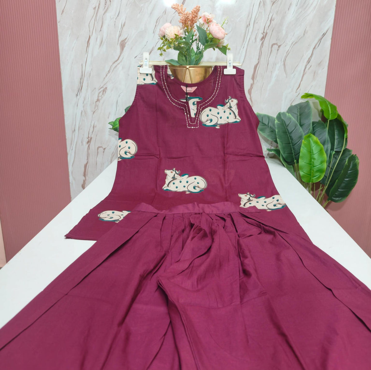 Cotton Straight Cut Kurti with Pleated Palazzo