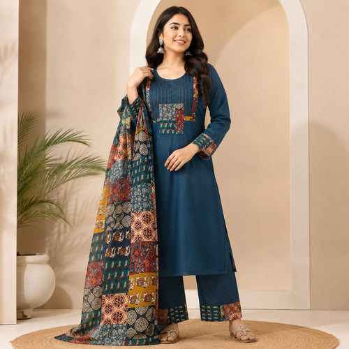 Premium Dark Blue 60s Cotton Kurti Set