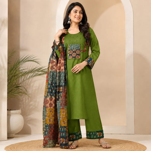 Premium Dark Green 60s Cotton Kurti Set