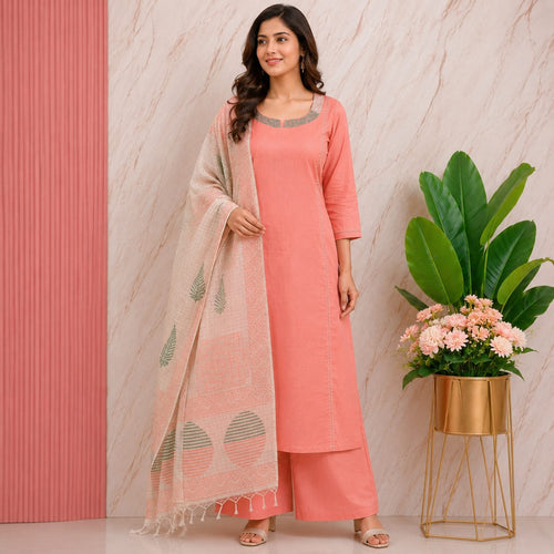 Elegant Slub Cotton A-Line Kurti Set