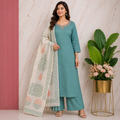 Elegant Slub Cotton A-Line Kurti Set