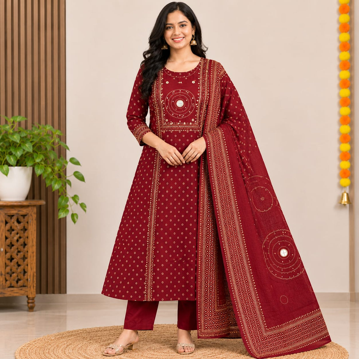 Elegant Maroon  A-Line Cotton Kurti Set