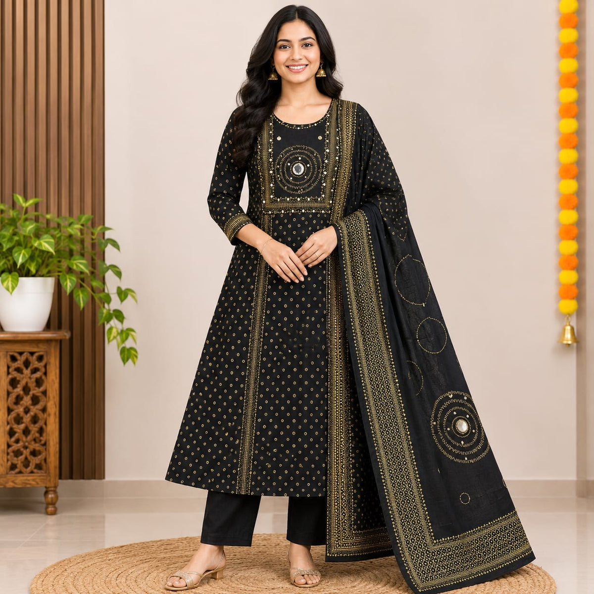 Elegant Black A-Line Cotton Kurti Set