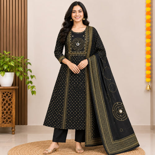 Elegant Black A-Line Cotton Kurti Set