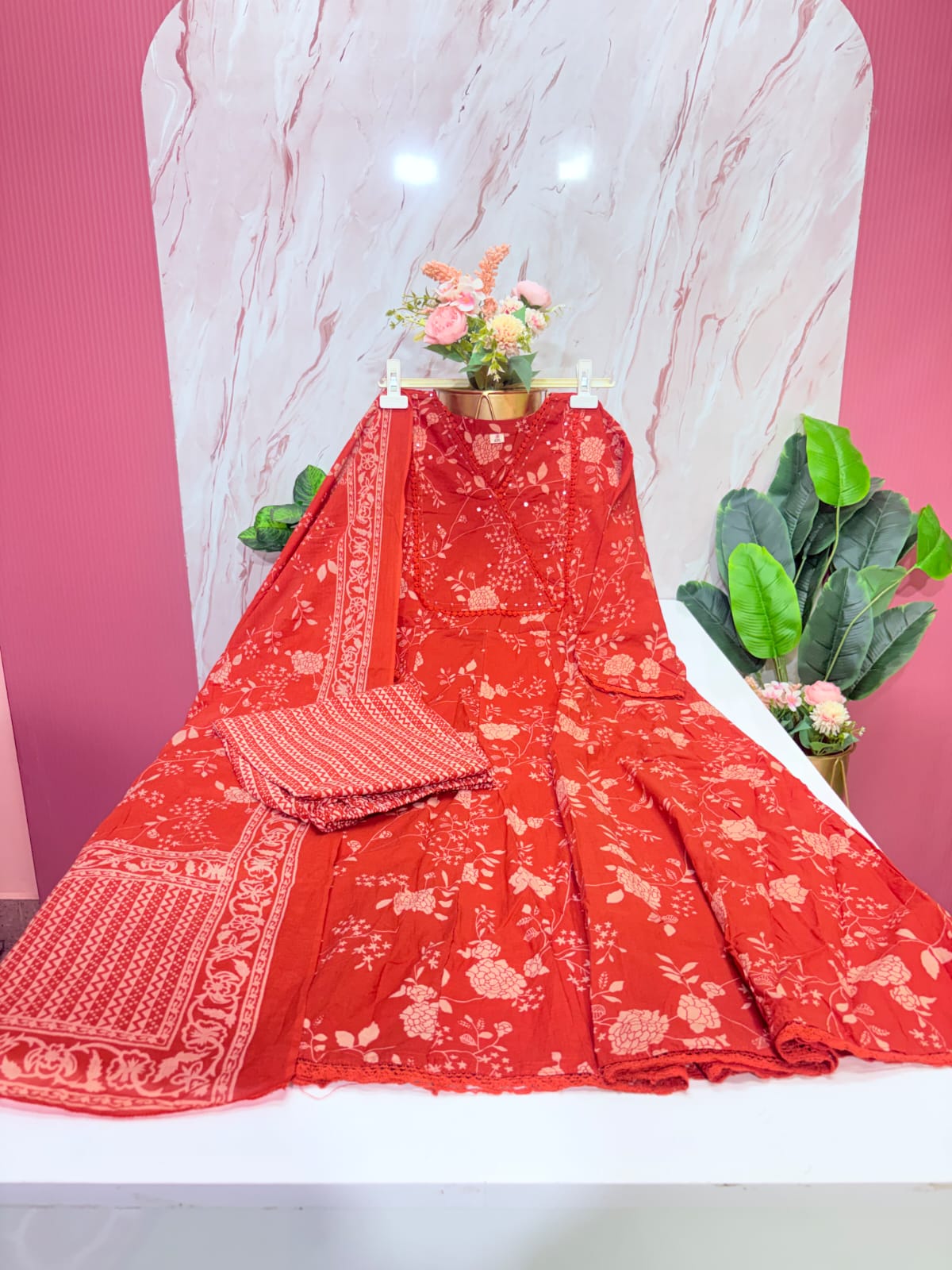 Plus Size Cotton Umbrella Kurta Set | 3-Piece Floral Printed Kurti with Dupatta & Straight Pant | Brick Red
