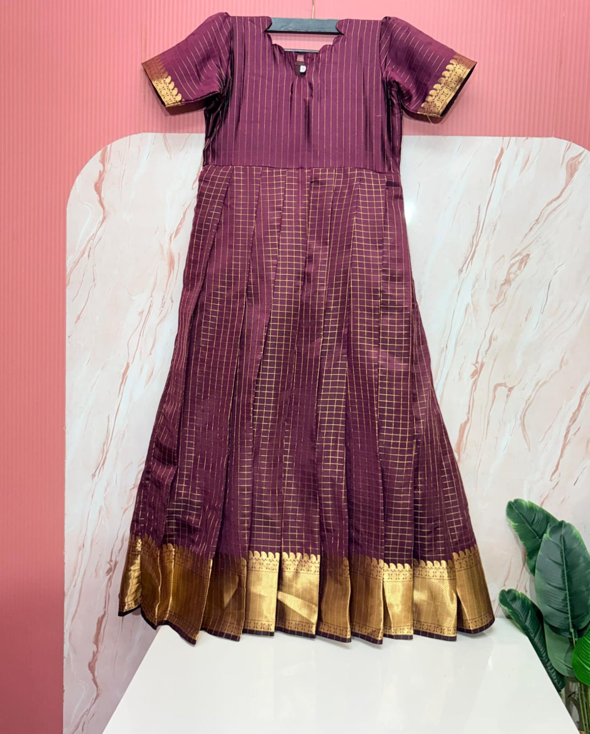 Scallop Neck Zari Border Checked Frock