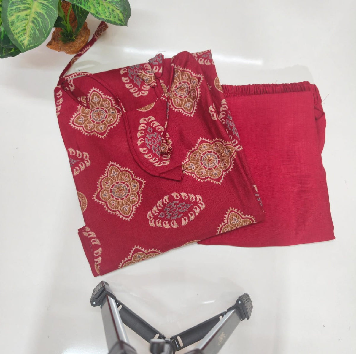 Vatican Fabric Straight Cut Kurti with Plazo Pants - Red