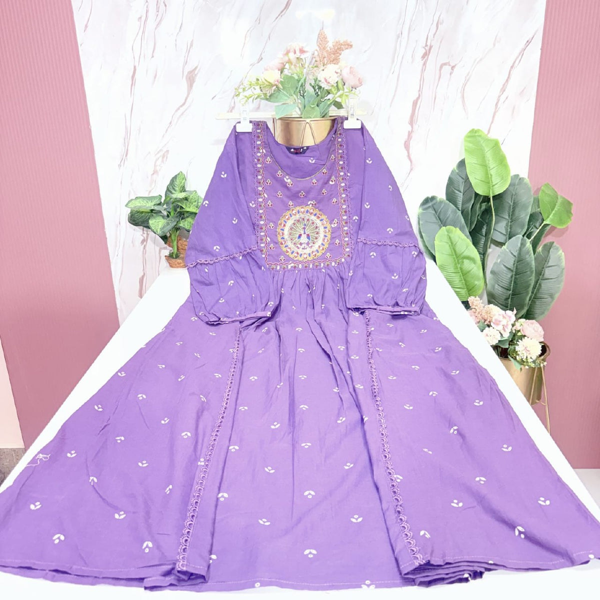 Purple Embroidered Cotton Anarkali Dress